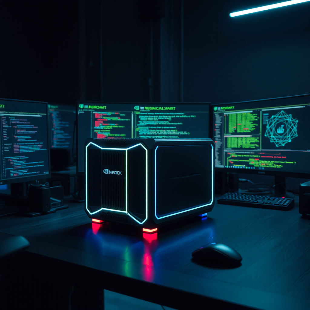 A sleek, compact NVIDIA DGX Spark personal AI supercomputer sitting on a modern developer's desk, glowing with subtle blue and green LED accents, surrounded by multiple monitors showing AI code and neural network visualizations, photorealistic, cinematic lighting, dark ambient background, high-tech atmosphere