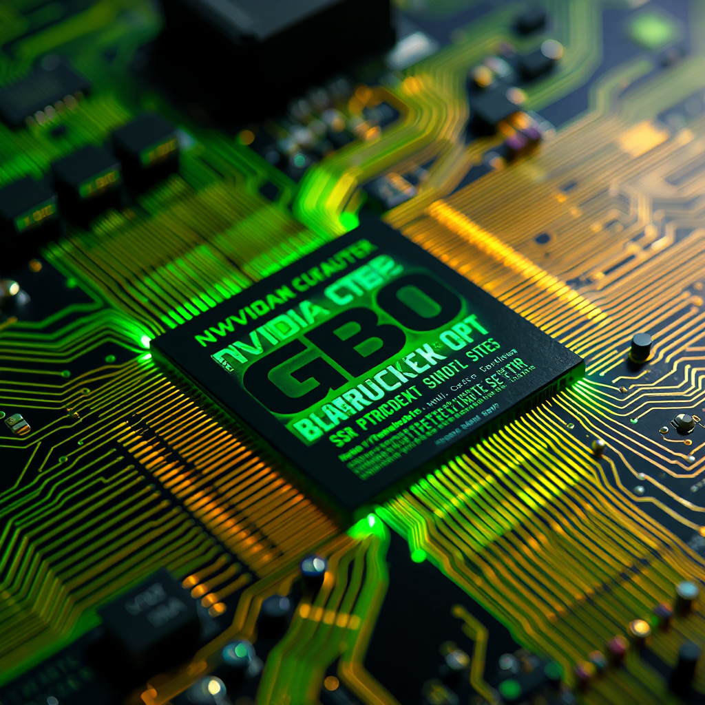 Close-up macro shot of the NVIDIA GB10 Grace Blackwell Superchip on a circuit board, vibrant green and gold traces, dramatic lighting highlighting the chip architecture, technology concept art, ultra-detailed, photorealistic
