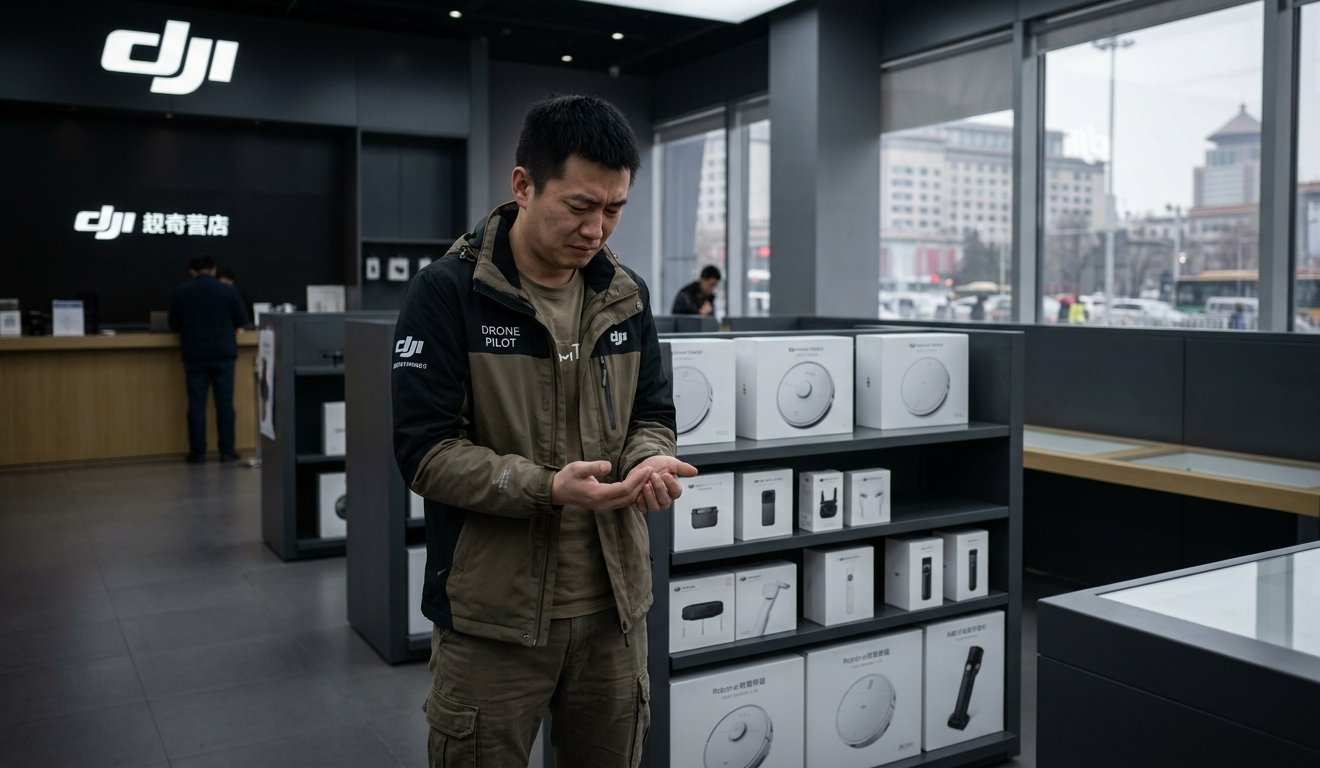 นักบินโดรนชาวจีนยืนภายในร้าน DJI สาขาปักกิ่ง 30 เม.ย. 2569