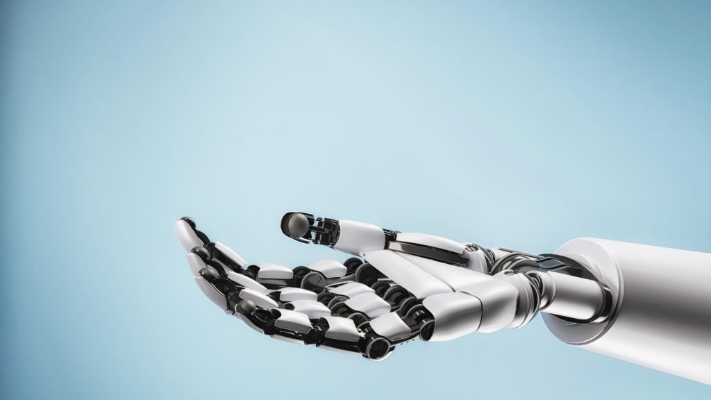 robot's mechanical arm reach out to help and support or serve as template for carrying goods on blank empty hand. innovative technology and artificial intelligence concept. 3d illustration rendering